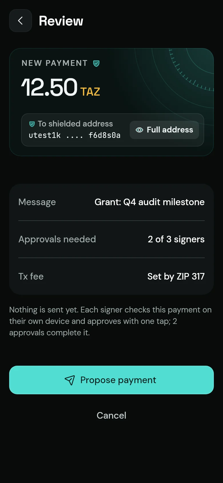 Zafe's review screen: a new payment of 12.50 TAZ, 2 of 3 signers needed